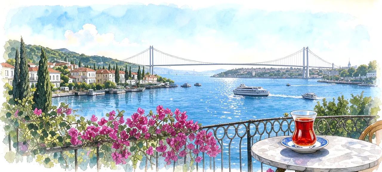 Watercolor of the Bosphorus Bridge and a ferry seen from a terrace with bougainvillea and a glass of Turkish tea