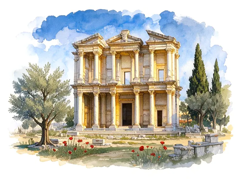 Watercolor of the marble Library of Celsus at Ephesus, framed by olive trees and red poppies