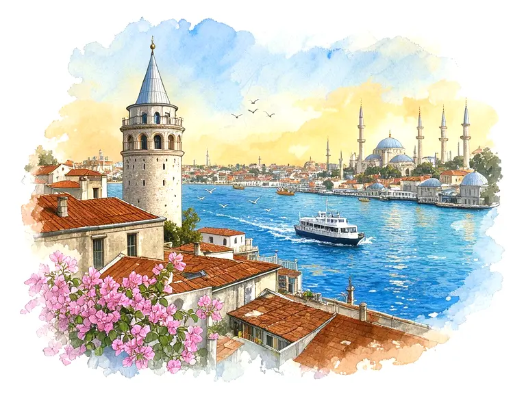 Watercolor of the Galata Tower above terracotta roofs, with a ferry crossing the Bosphorus