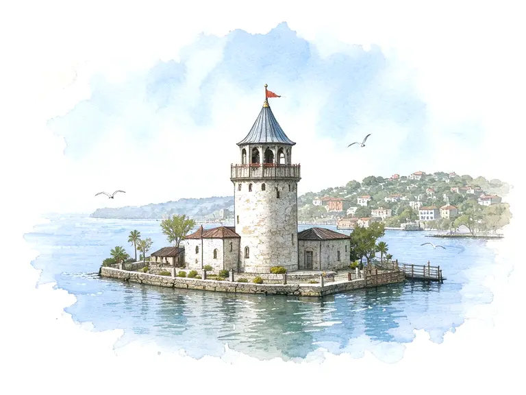 Watercolor of the Maiden’s Tower on its islet in the Bosphorus