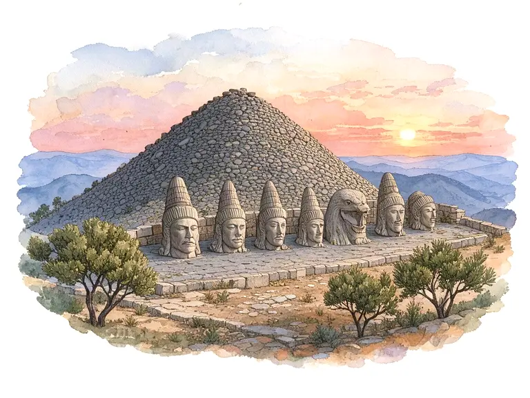 Watercolor of the giant stone heads on Mount Nemrut at sunrise