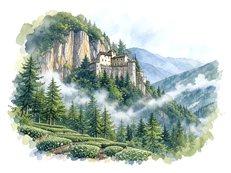 Watercolor of Sumela Monastery on a cliff above misty pine forests and tea terraces
