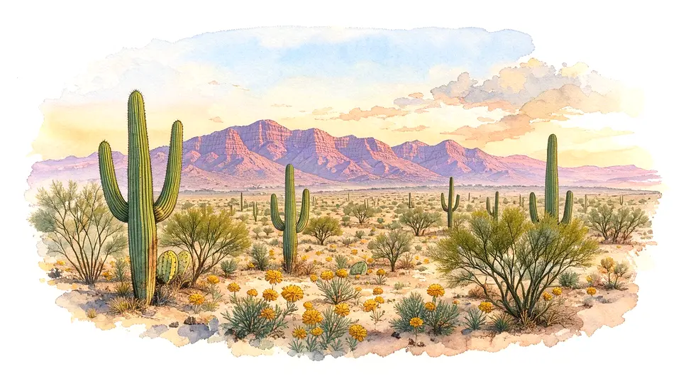 Watercolor of saguaro cacti with the Santa Catalina Mountains glowing pink at sunset
