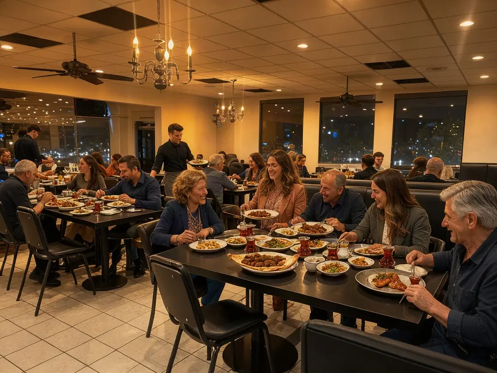 The Anatolia dining room during a busy dinner service, with guests sharing kebab, pide and tea